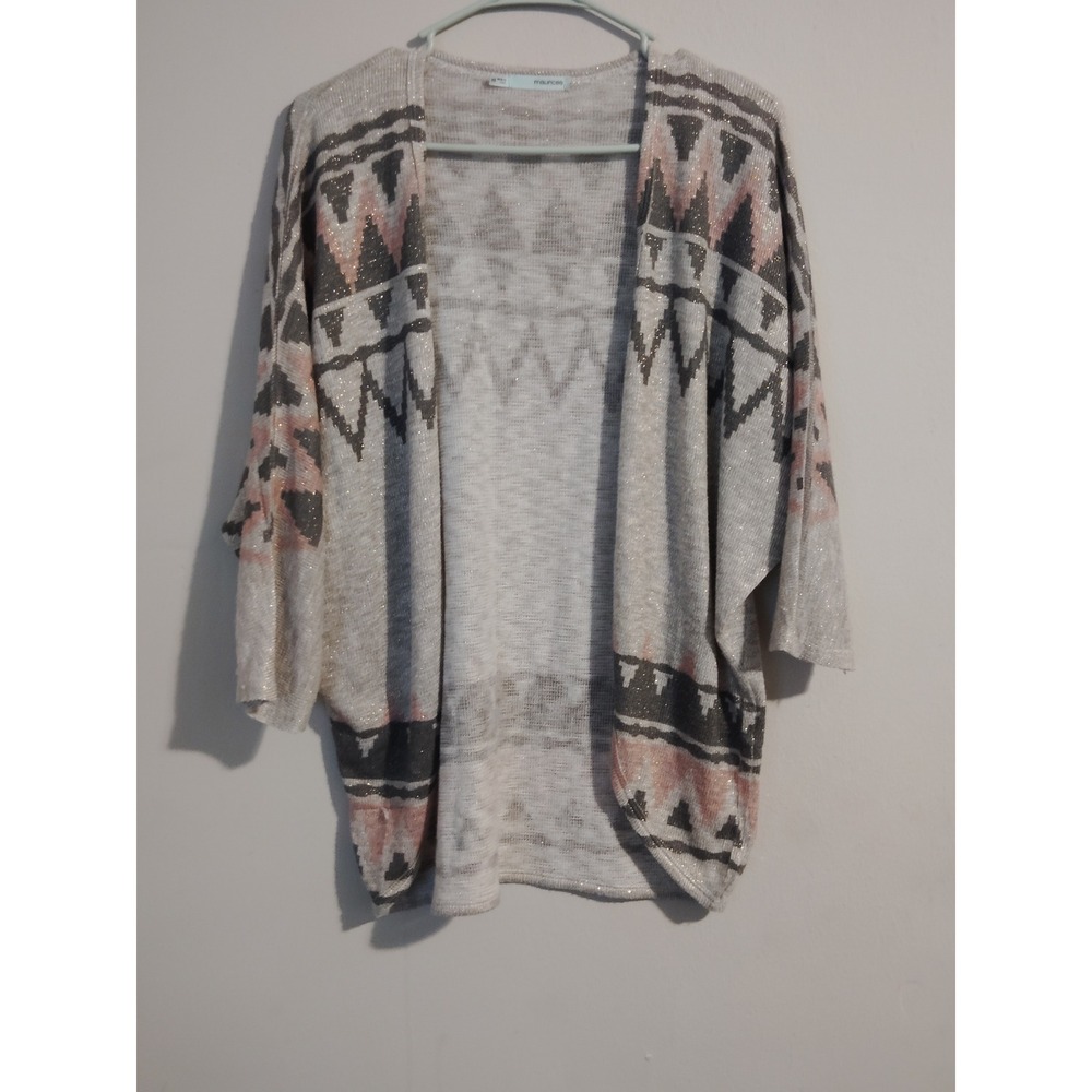 Maurices Women Geometric Southwestern Open Front Cardigan Knit Grey Pink Size XS